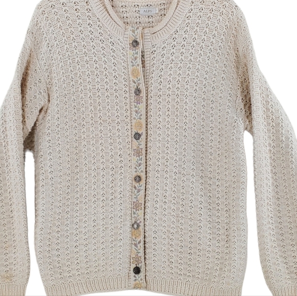 Vtg Alps Cardigan Sweater L Ivory Cotton Grandmacore Button-Up Needlepoint 80s - Picture 4 of 15